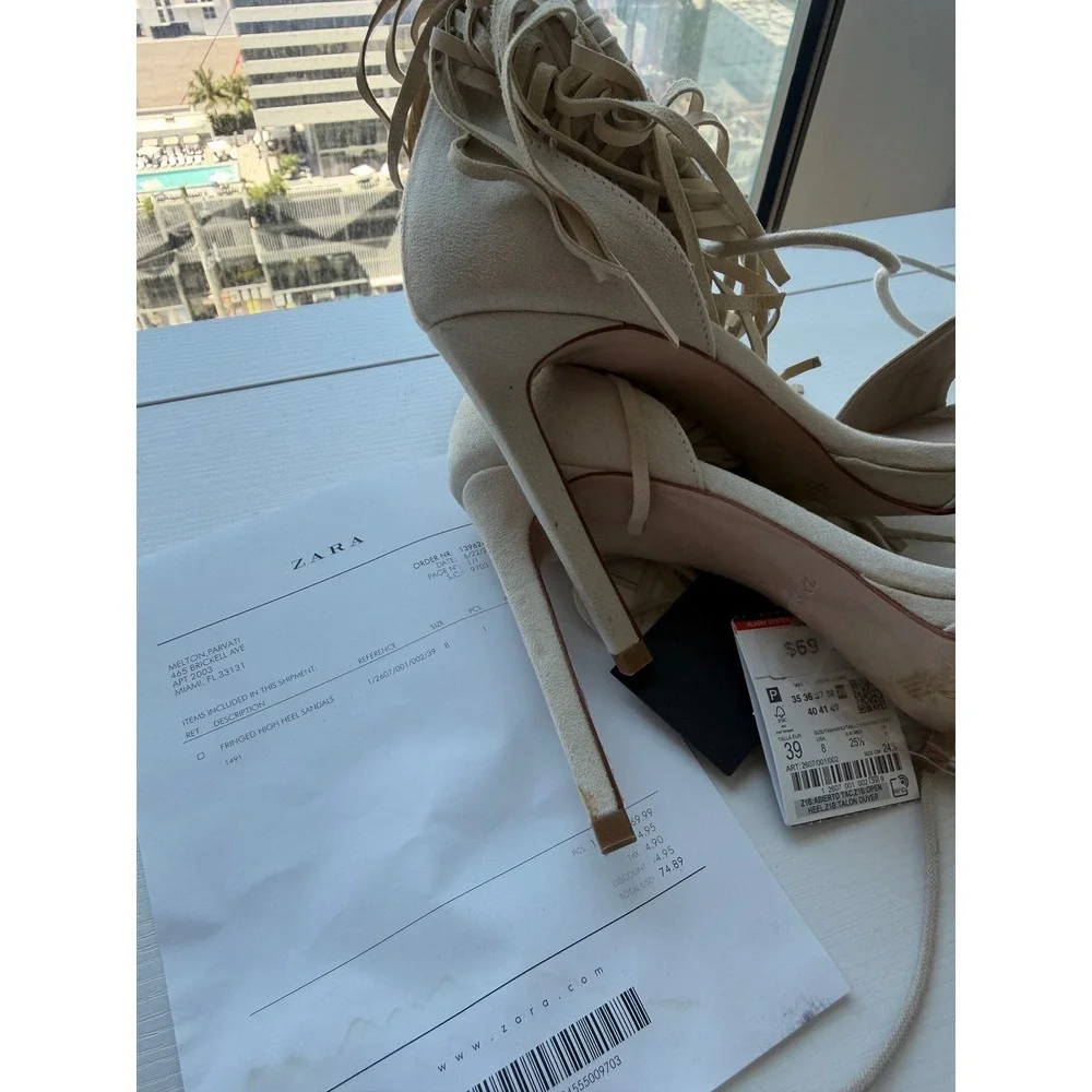 Zara Beige Faux Suede Fringe Lace Up Tassel Stiletto Heeled Sandals Size 8  NWT